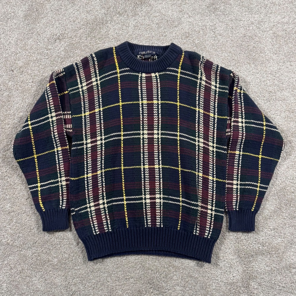 Vintage Nautica Mens Large Plaid Cotton Knit Crewneck Sweater Navy Green